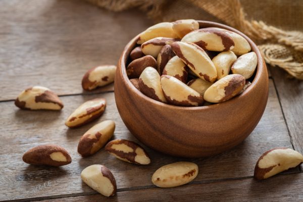 Brazil nuts in wooden bowl