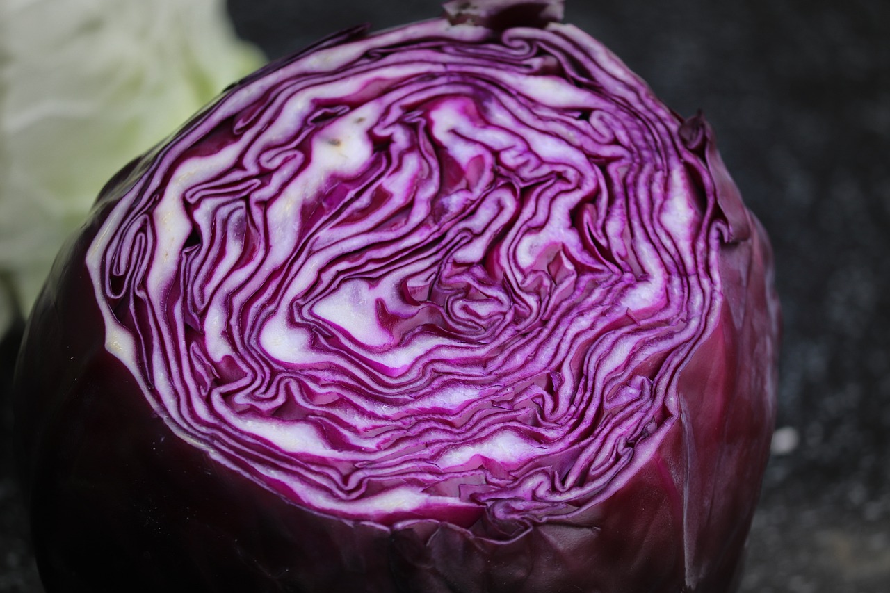 close up of a sliced red cabbage