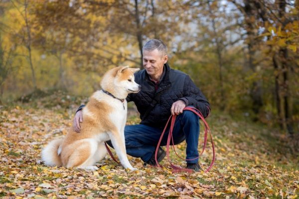 man with akita inu dog