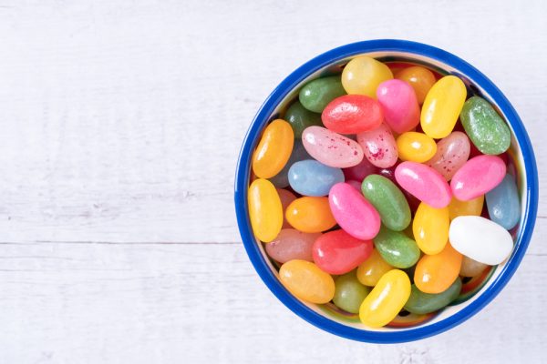 Sweet jelly beans in a ceramic bowl